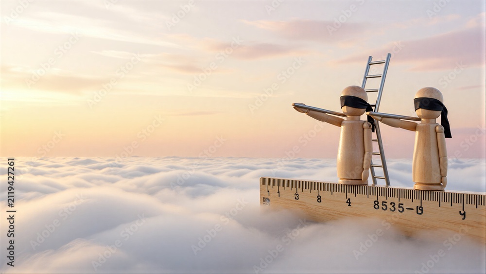 Obraz premium Two blindfolded figures stand on ruler above clouds, holding ladder.