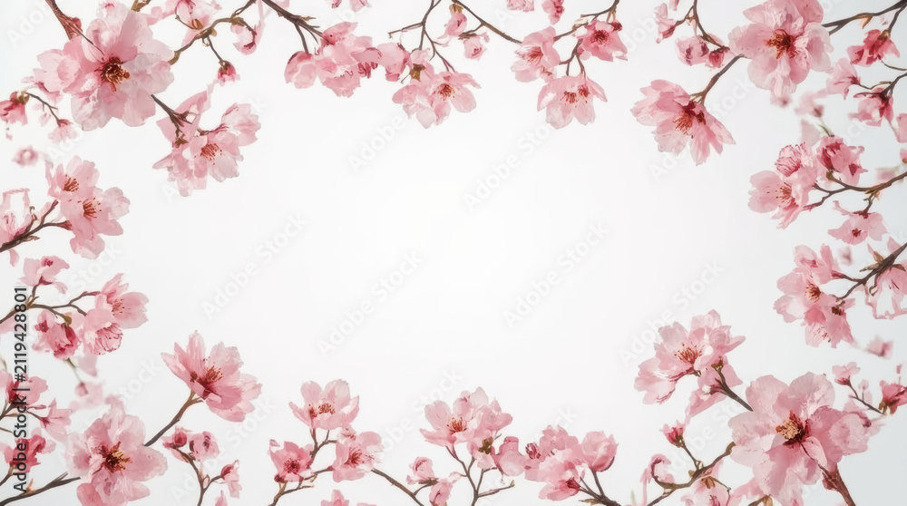 Fototapeta premium Pink cherry blossom branches forming natural floral border with soft minimalist background
