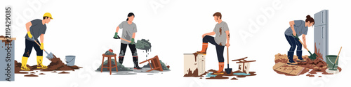 Cuadro en lienzo Set of illustrations showing volunteers and homeowners cleaning up thick mud and debris after a devastating flood disaster