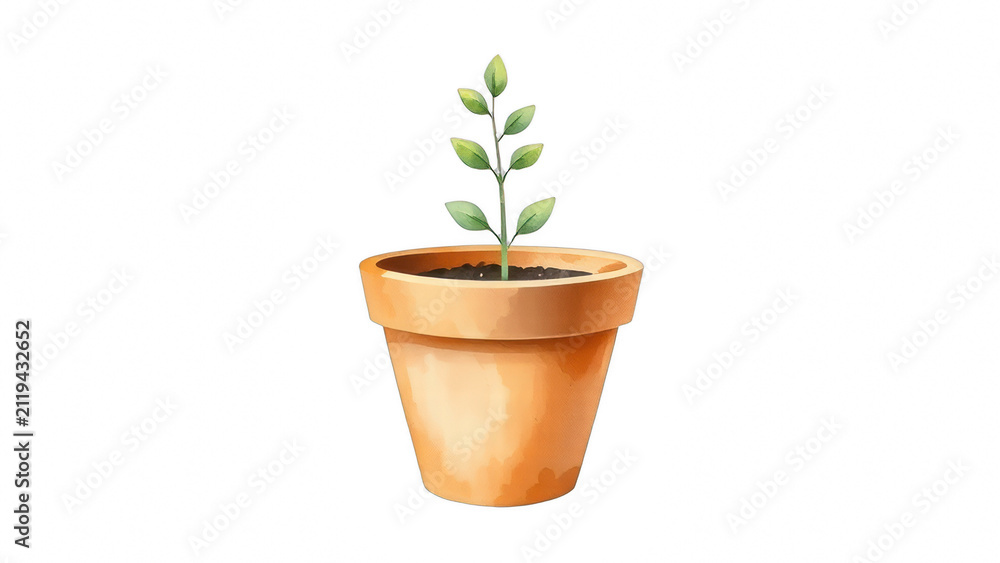 Fototapeta premium Watercolor illustration of a small green plant in a clay pot