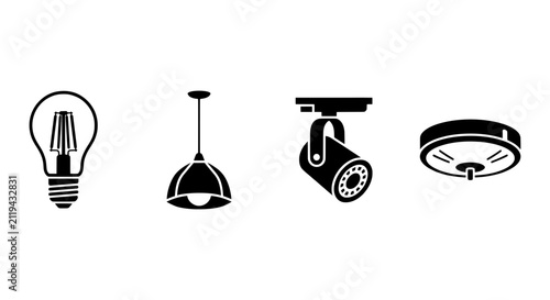 Obraz na płótnie Modern Lighting Icons Set: Incandescent Bulb, Pendant Lamp, Spotlight, Ceiling F