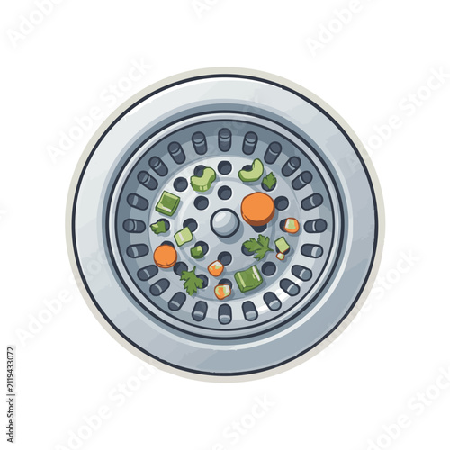 Flat vector of a drain with pieces of food in a kitchen setting