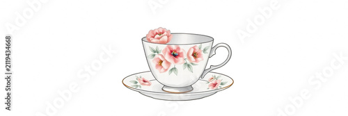 Vintage floral tea cup and saucer isolated on black