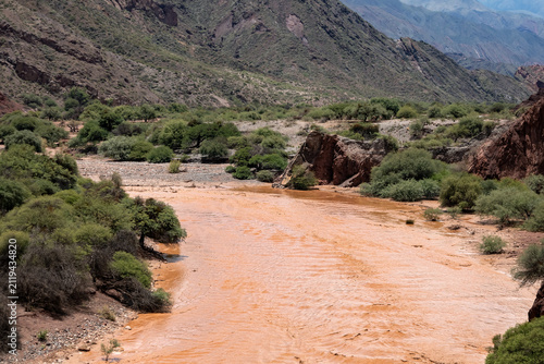 Panoramic view of a wide muddy brown river flowing through a dry valley with green shrub and red mountains on a sunny day. Vivid, saturated colors. Argentina, South America