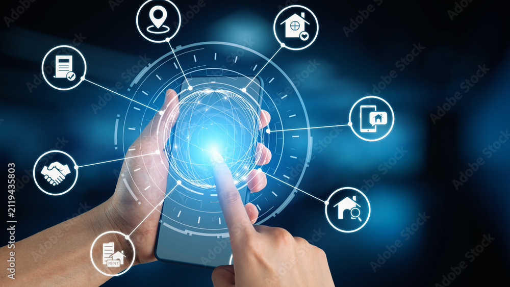 Fototapeta premium Online property search icons showing real estate rent, sale, housing, location, property management, key, contract, mortgage, home loan, and housing market. Gist