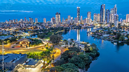 Surfers Paradise, Gold Coast, Nerang River, Queensland, Australia, skyline, aerial view, cityscape, dusk, blue hour, waterfront, canals, high-rise buildings, city lights, residential, urban, drone pho