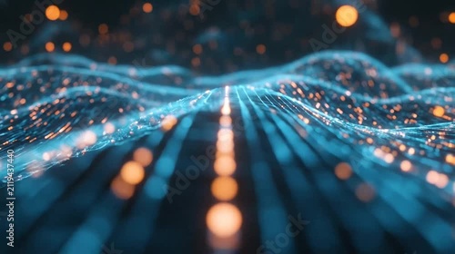 Abstract digital data flow waves glowing particles network