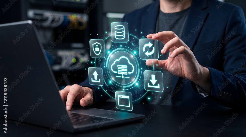 Fototapeta premium IT professional managing cloud computing infrastructure with digital server interface