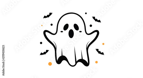 Obraz na płótnie A cute, cartoonish white ghost with wide eyes and mouth, surrounded by black bats and orange dots on a plain white background