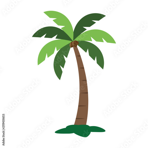A clean and minimalist vector illustration of a tropical coconut palm tree featuring vibrant green leaves, a curved brown trunk, and lush grass at the base. This simple flat design is perfect for beac