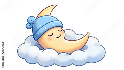 Smiling crescent moon wearing a nightcap sleeping on a cloud