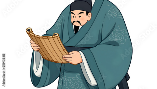 Stylized traditional Asian scholar official character holding bamboo