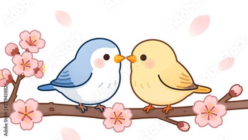 Two cute cartoon birds on blooming cherry blossom branch