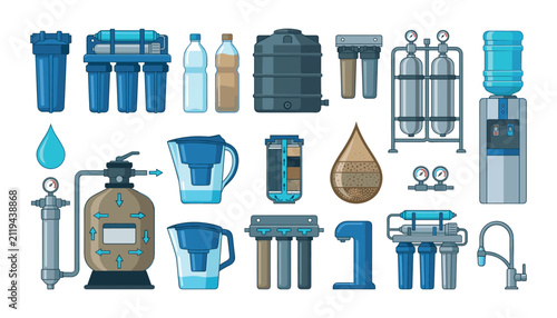 Fotografie Water purification system vector elements set featuring filters coolers dispense