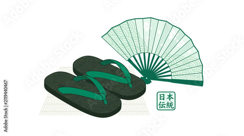 Geta wooden sandals and open folding fan illustration.