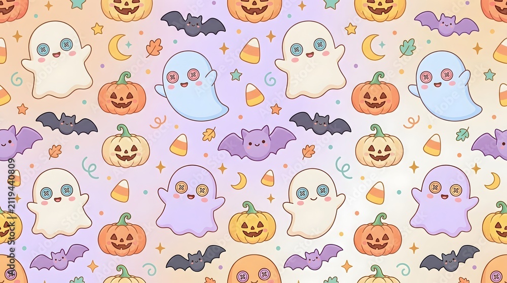 Obraz premium Seamless Pattern of Cute Cartoon Ghosts and Pumpkins for Kids