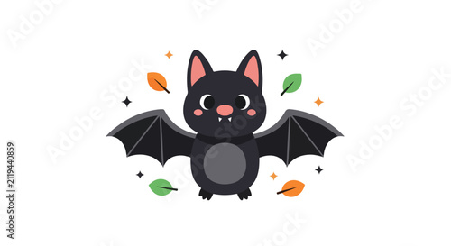 A cute cartoon bat with spread wings is surrounded by colorful autumn leaves and twinkling stars against a clean white background.