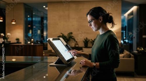 Woman Interacting With Modern Self-Service Kiosk In Hotel Lobby