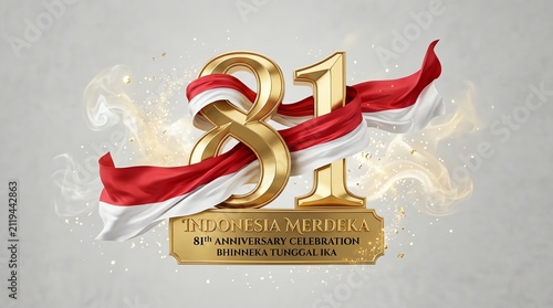Golden anniversary numbers entwined with red and white ribbons