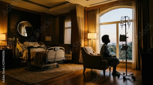 Solitary Patient Gazing Out Hospital Window At Dusk