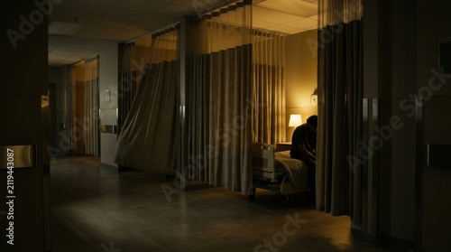 Somber Hospital Room With Lone Figure Sitting On Bed