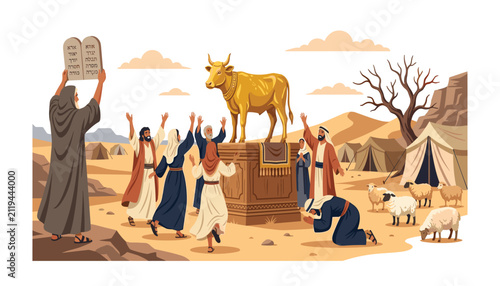 Bild auf Leinwand Moses holding ten commandments tablets looking at israelites worshiping golden c