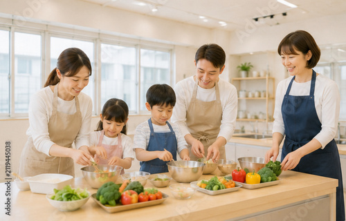 料理教室,料理,料理体験,クッキング,クッキングスクール,料理講師,先生,生徒,日本人女性,日本人男性,親子,子ども,エプロン,キッチン,調理,調理実習,レシピ,家庭料理,和食,洋食,お菓子作り,パン作り,食育,包丁,まな板,野菜,食材,盛り付け,料理初心者,趣味,習い事,ライフスタイル,笑顔,コミュニケーション,グループレッスン,少人数,体験レッスン,料理教室風景,キッチンスタジオ,調理器具,フ