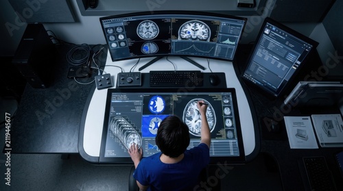 Radiologist Analyzing Brain Scans On Multiple High-Tech Displays