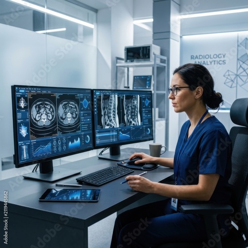 Radiologist Analyzing Medical Scans On Advanced Computer System In Modern Office