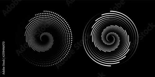 et of black thick halftone dotted speed lines. Speed lines in circle form. Geometric art. Design element for frame, logo, tattoo, web pages, prints, posters, template, abstract vector background.