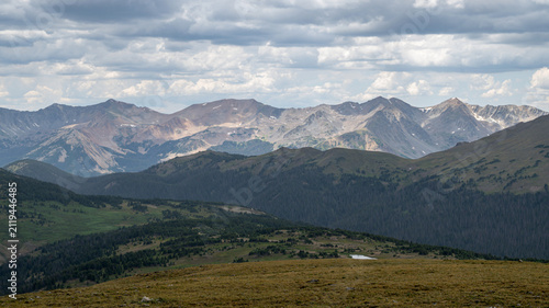 A panoramic view at Trail Ridge Tundra, Rocky Mountain National Park on a heavy cloudy day
