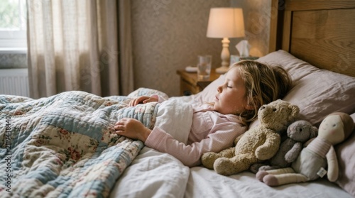 Peaceful Young Child Slumbering Comfortably Surrounded By Beloved Companion Toys
