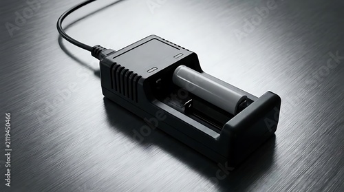 A black 12v battery charger unit with a lithium ion cylindrical cell inserted for charging, resting on a brushed metal surface with a professional look.
