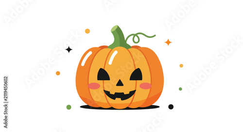 Obraz na płótnie A cute, cartoonish jack-o'-lantern pumpkin with a smiling face, pink cheeks, and festive sparkles floats on a clean white background