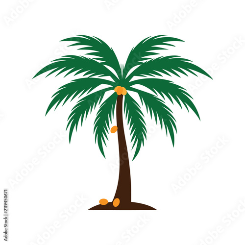 A clean and elegant vector illustration featuring a tropical date palm tree with lush green fronds, a sturdy brown trunk, and ripe golden-orange dates. Designed in a minimalist flat style, this illust