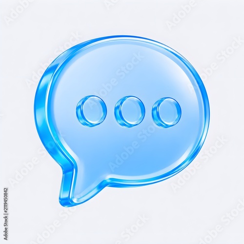 3D chat bubble icon with dots isolated on white background, concept of message, conversation, and communication. Transparent blue liquid glass icon. 3D rendering