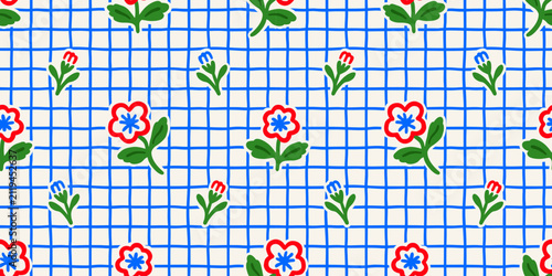 Abstract flower art seamless pattern illustration. Organic nature floral background in vintage style. Spring season decoration texture, drawing print.