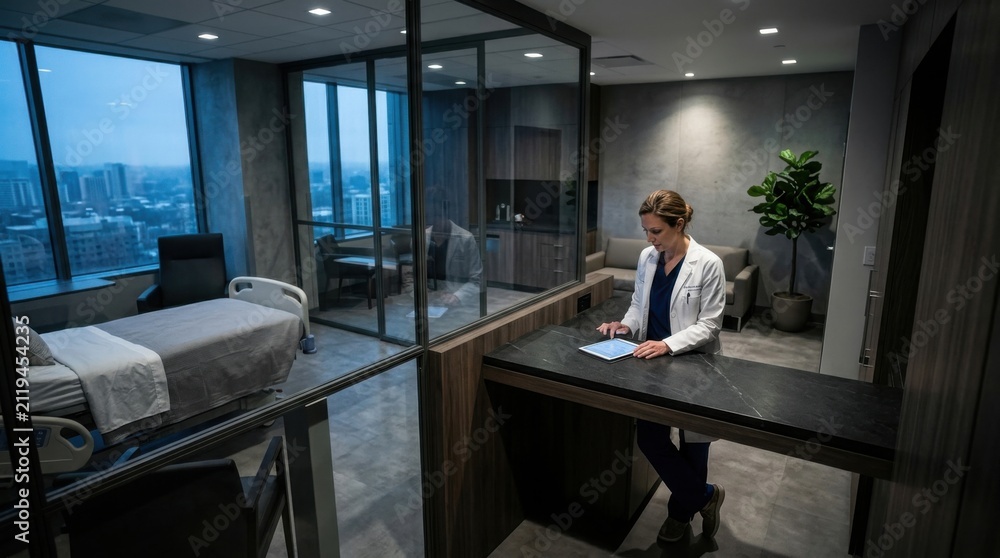 Fototapeta premium Modern Healthcare Setting With Doctor Using Tablet Overlooking City View