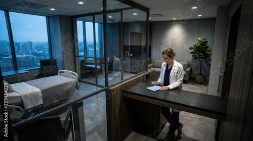 Modern Healthcare Setting With Doctor Using Tablet Overlooking City View