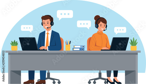 Foto Call center customer support operators working at office desk with laptops and h