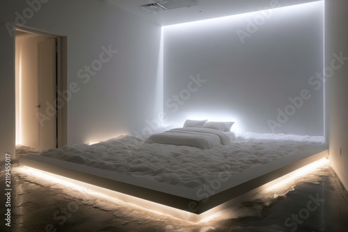 Minimal Bedroom Framed by Soft Perimeter Light
