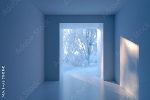 Framed Winter Forest View in Minimal Blue Interior
