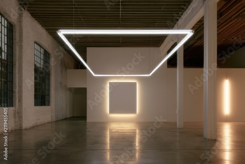 Suspended Square Light Frames in Minimal Exhibition Space
