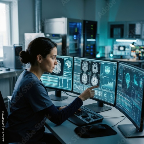 Medical Specialist Analyzing Brain Scans On Multiple Monitors In A Modern Lab