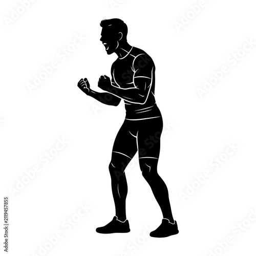 Silhouette of a determined male athlete celebrating a victory with a roaring expression and fists