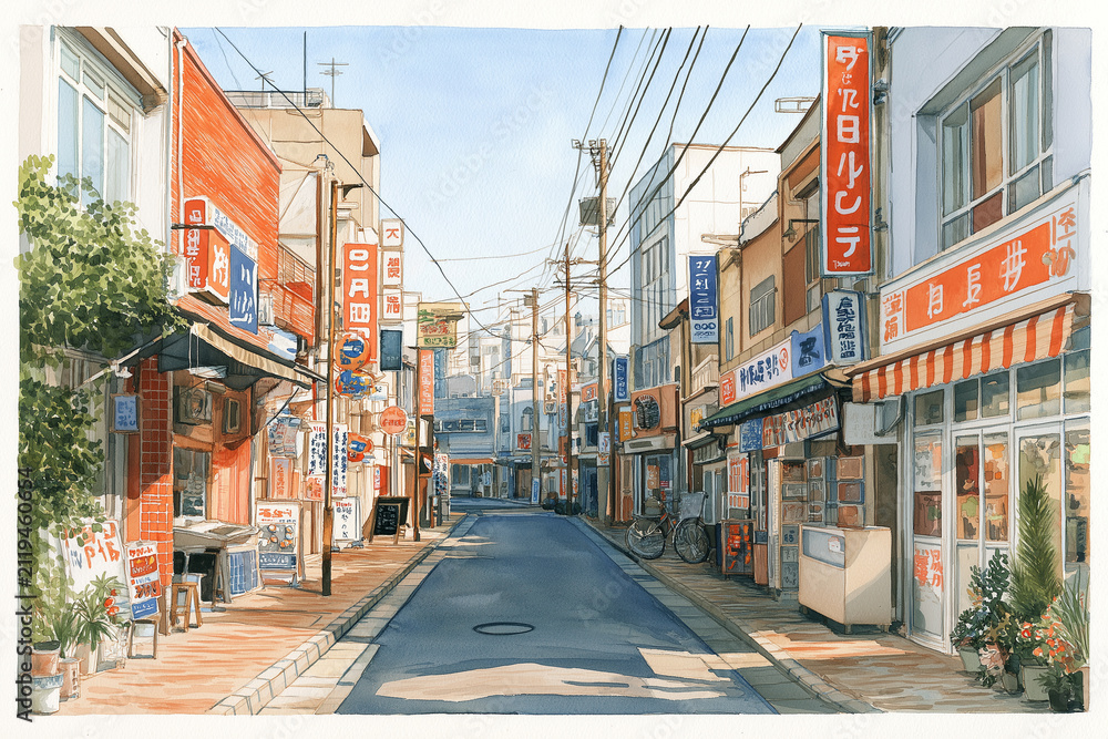 Obraz premium 電柱と電線が交差する日本の昔ながらの街並み