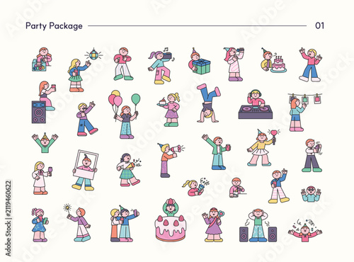 Flat vector set of people celebrating with music, dancing, gifts, cake, balloons and party props for birthdays, festivals and events.
