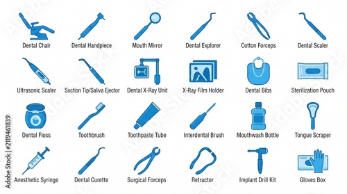 Dental clinic tools and equipment icons. Set of professional dentist instruments and supplies.