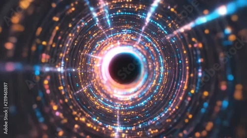 Abstract digital tunnel of light and particles in motion