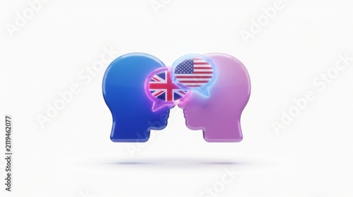Language exchange icon with national flags. Learning English and communication concept.